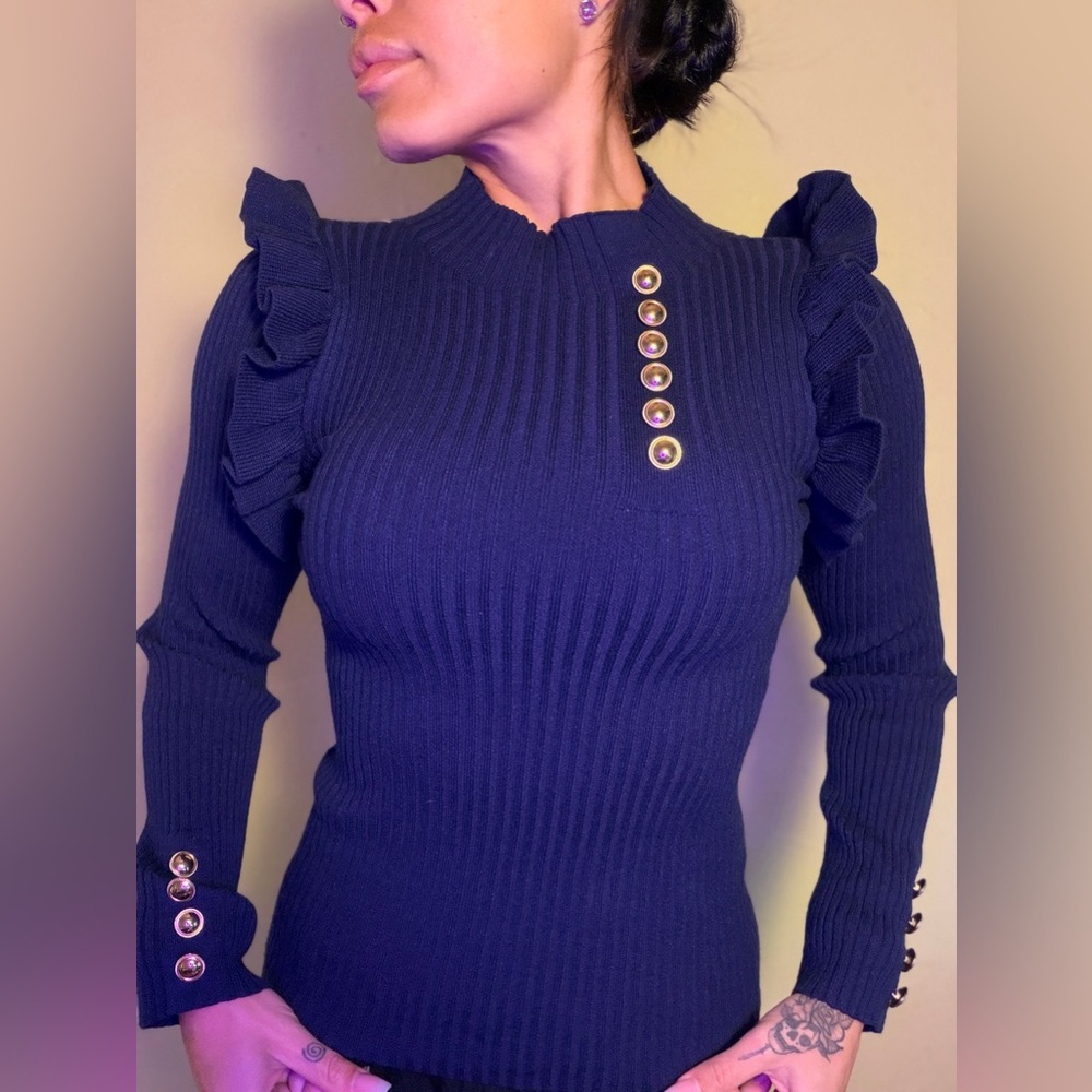 Ribbed Navy Knit Top with Ruffle Shoulders & Gold Buttons